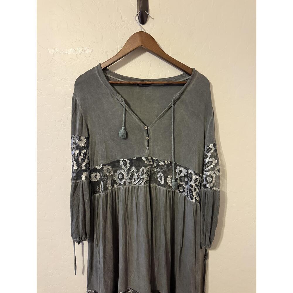 POL Dress Womens‎ Small Blue Embroidered Long Sleeve Boho VNeck Drawstring Chic